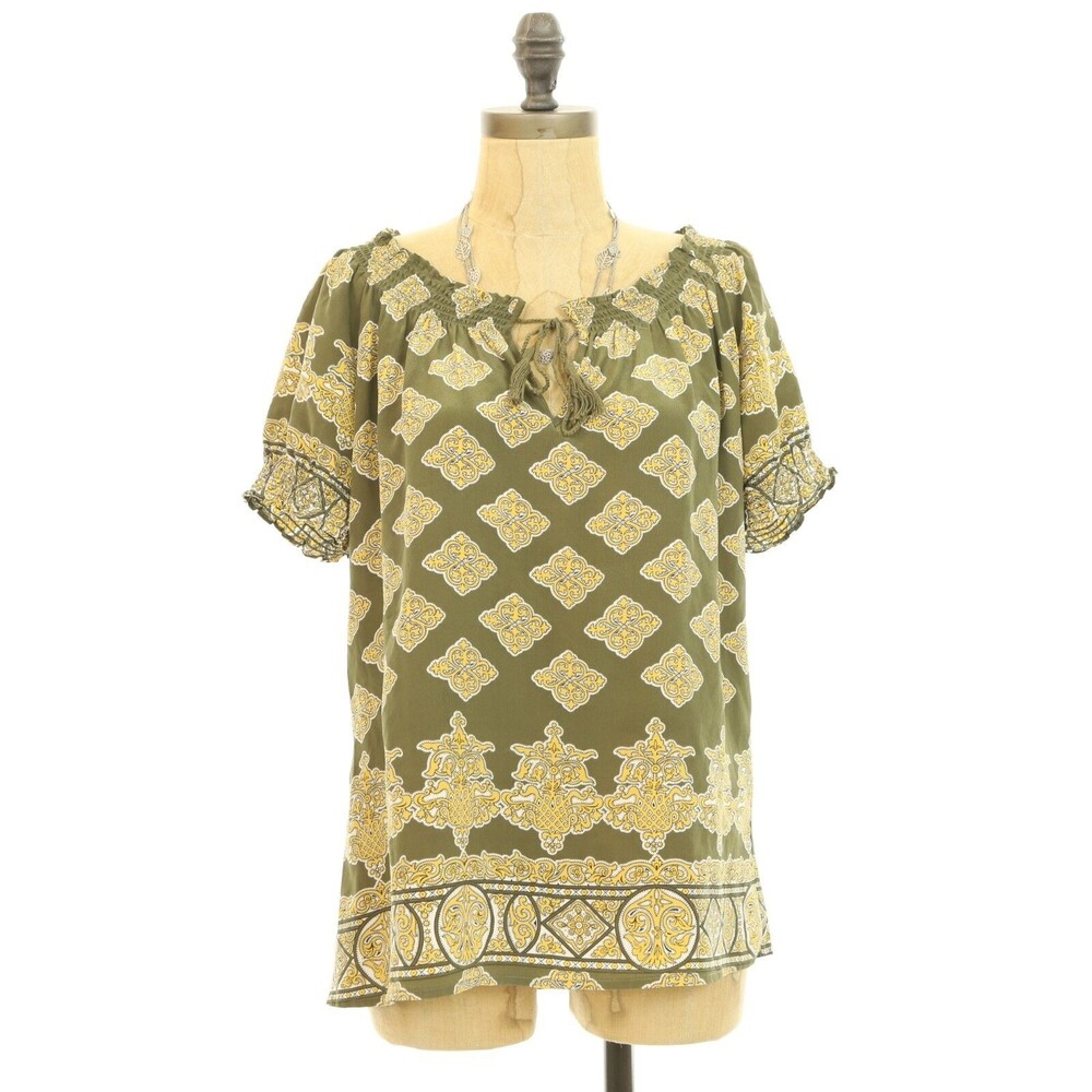 Joie Masha Silk Peasant Top S Short Sleeve Geometric Green Oversized EUC B76